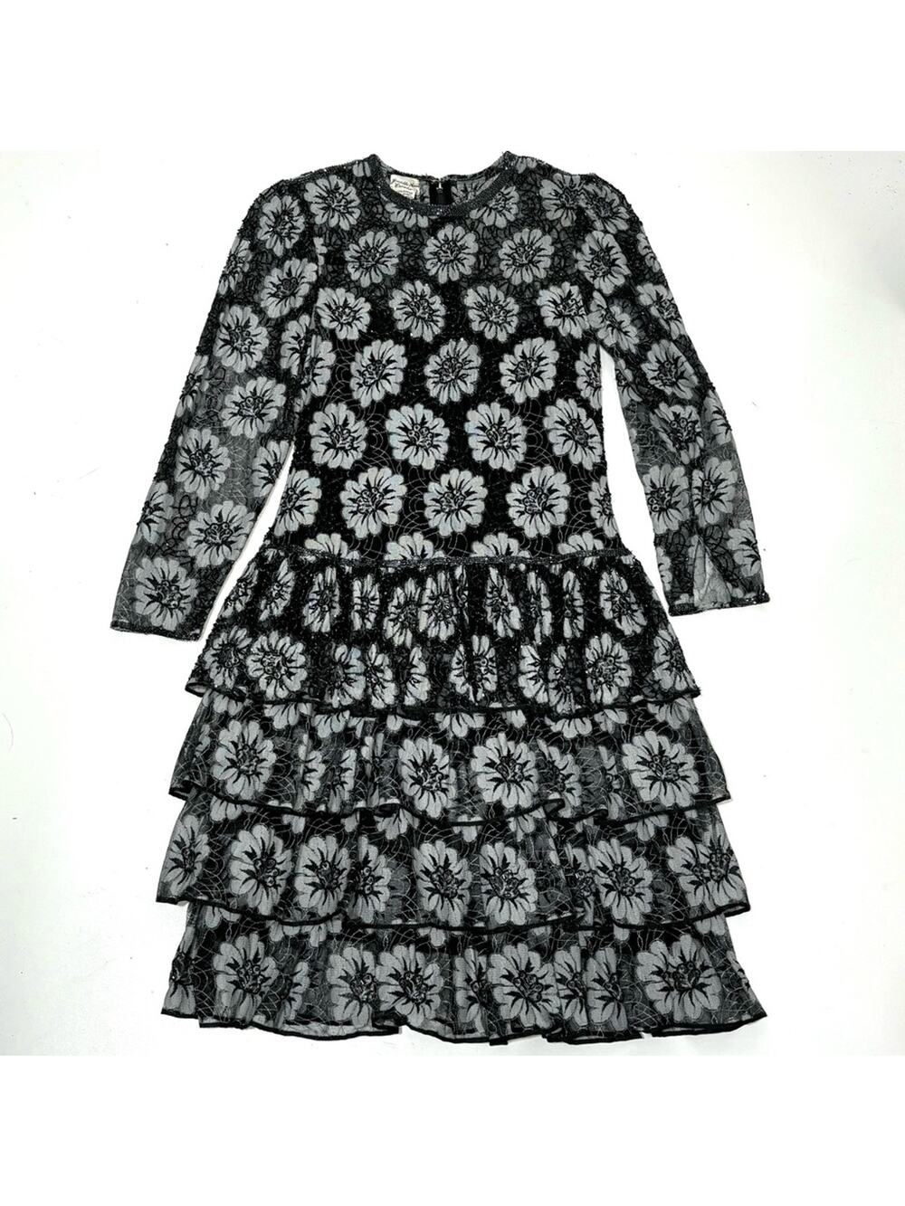 Judith Ann Creations Vintage Long Sleeve Floral Lace Tiered Beaded Dress Black S